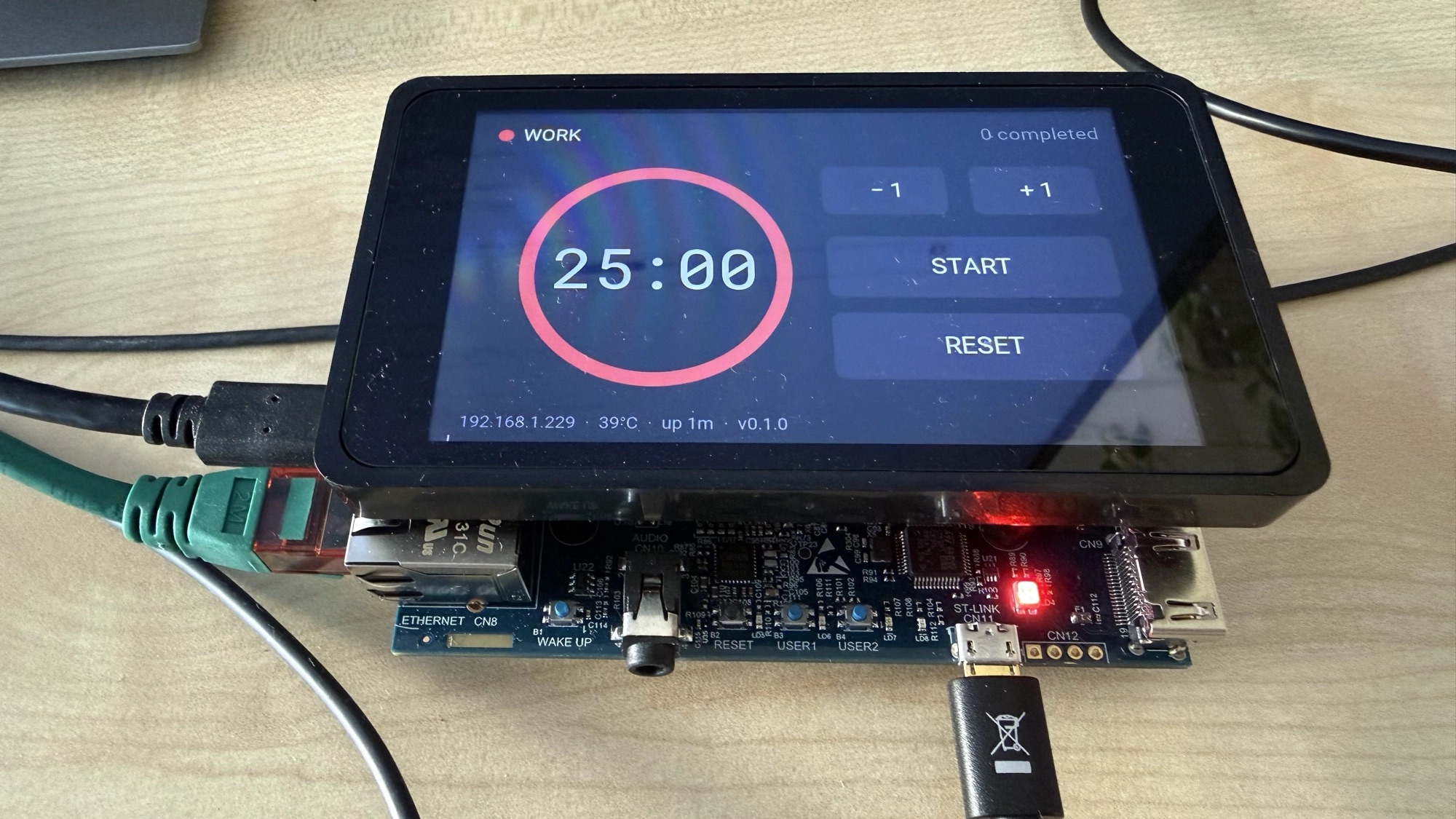 The STM32MP157F-DK2 running the Pomodoro demo on its 4-inch DSI touchscreen